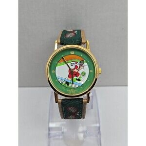 Vintage Santa Tennis Watch Japan Quartz New Battery Green Strap Unisex Gold Tone